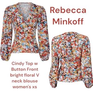 Rebecca Minkoff Cindy Top w Button Front bright floral V neck blouse women's xs